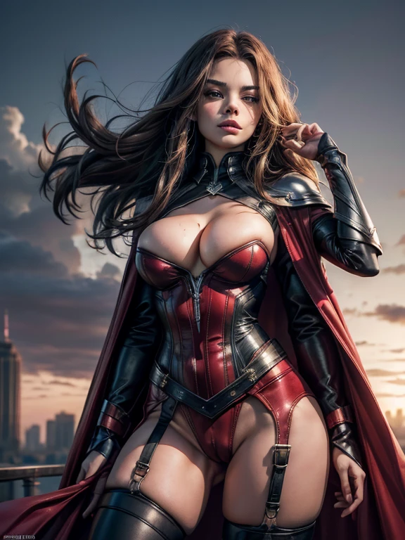 nsfw. Generate a scene inspired by the epic battle sequence from Avengers: Endgame. The setting is the middle of a ruined nyc war-torn urban warfare with rubble collapsed buildings and debris scattered around. 
 In the foreground, pornstar margot robbie as marvel comics scarlet witch wearing original comicbook classic costume design sexy bright scarlet red latex corset and latex micro-front-thong pussy-wedgie panties and pink tights, red cape (scarlet witch classic costume)
high heel boots
( use scarlet witch costume reference urls: https://i.pinimg.com/originals/b9/d1/83/b9d1836758e418b29617bfa0dc4edf31.jpg
https://cosplayers.acparadise.com/53187/53187-f5e74a72cc100ecef27cf125ad9c9ac5.jpg
https://images-wixmp-ed30a86b8c4ca887773594c2.wixmp.com/f/69a946b2-4e42-45ce-afac-63d16bfbe1fa/d5lymgl-25327665-fa69-447d-a9f1-e03fb9dcb1aa.jpg/v1/fill/w_730,h_1095,q_75,strp/scarlet_witch_recline_by_hollygloha-d5lymgl.jpg )
pornstar smoky eyes dark eyeliner, mascara, eyeshadow make up
ultra-tight high waist ultra-high-cut cameltoe panties showing her hips, pelvis and detailed cameltoe, smooth shaved pussy
red satin cape billowing in the wind
long black hair rimlight blowing billowing in the wind summons lightning, casting a powerful spell.  The sky is dark and ominous, with flashes of lightning illuminating the scene. The scene is dynamic and intense, capturing the chaos and heroism of the battle.
, low-angle shot, wide-angle shot, handheld shot, dramatic angle, extreme angle shot, epic fantasy
scarlet red pussy strap bondage costume
mylatexbaby
latex-post.com
(red satin cape billowing in the wind)
deep detailed bald-pussy cameltoe,