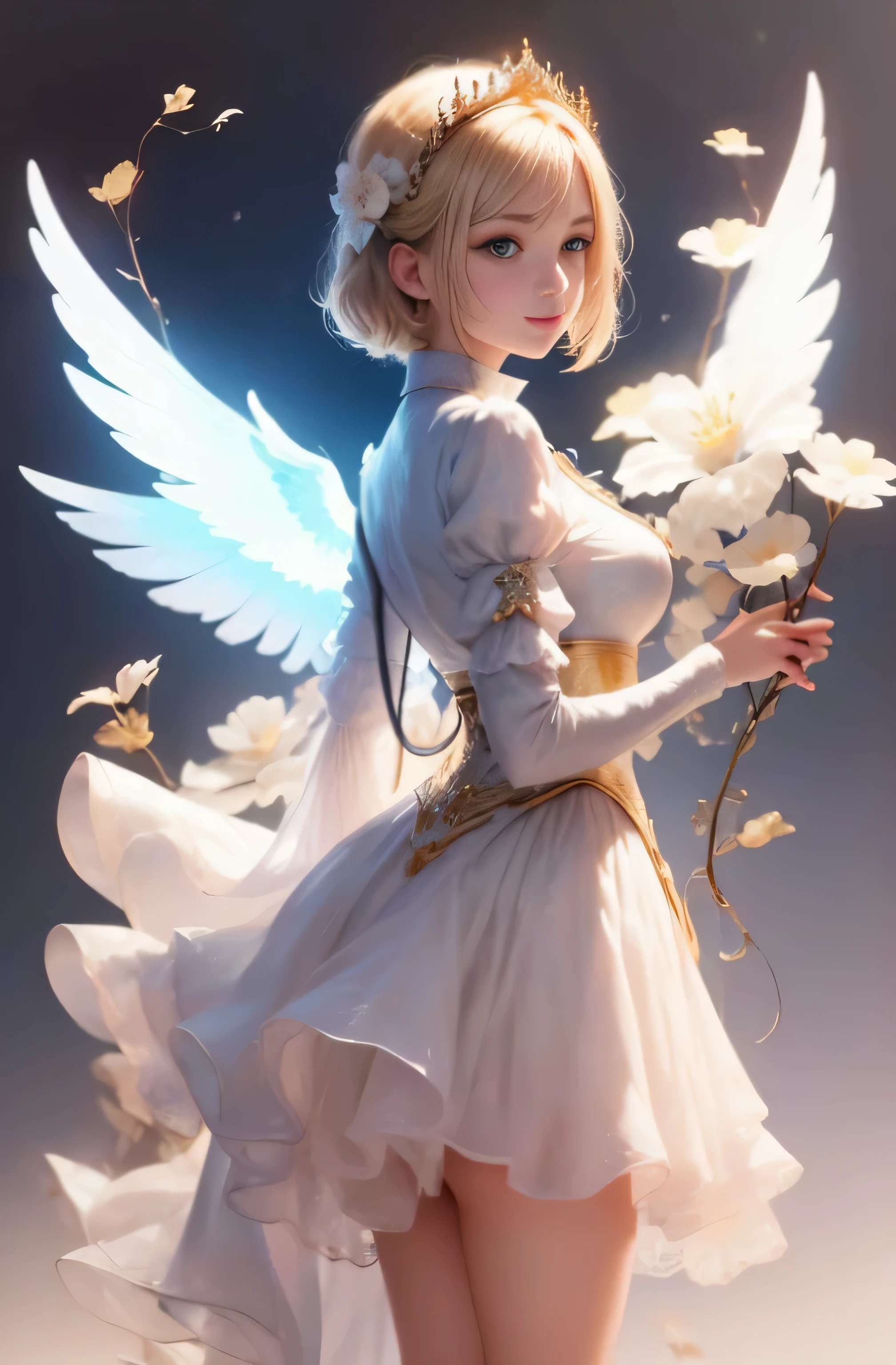 Greek warships、He has white angel wings on his back、8k、Real photo、Ultra-high resolution, Master Parts, highest quality, Ticker , Cinematic images,A lovely girl、Ann、16 years old、ann gross saxon、double eyelid、Droopy eyes、Very big eyes、eye shadow、 very detailed , blonde、Straight Short Hair、 Sweet expression 、smile、Attractive appearance、、Thin lips ,beautiful long nose、nose tip is small、Very beautiful woman、long supple legs、 Very sharp shadows , jewelry , sexy , Fine grain, Very difficult, Glowing Skin , perfect brilliant ann, Perfect Sentence, Dramatic Shadows ,White tiara on head、white dress with gold embroidery、