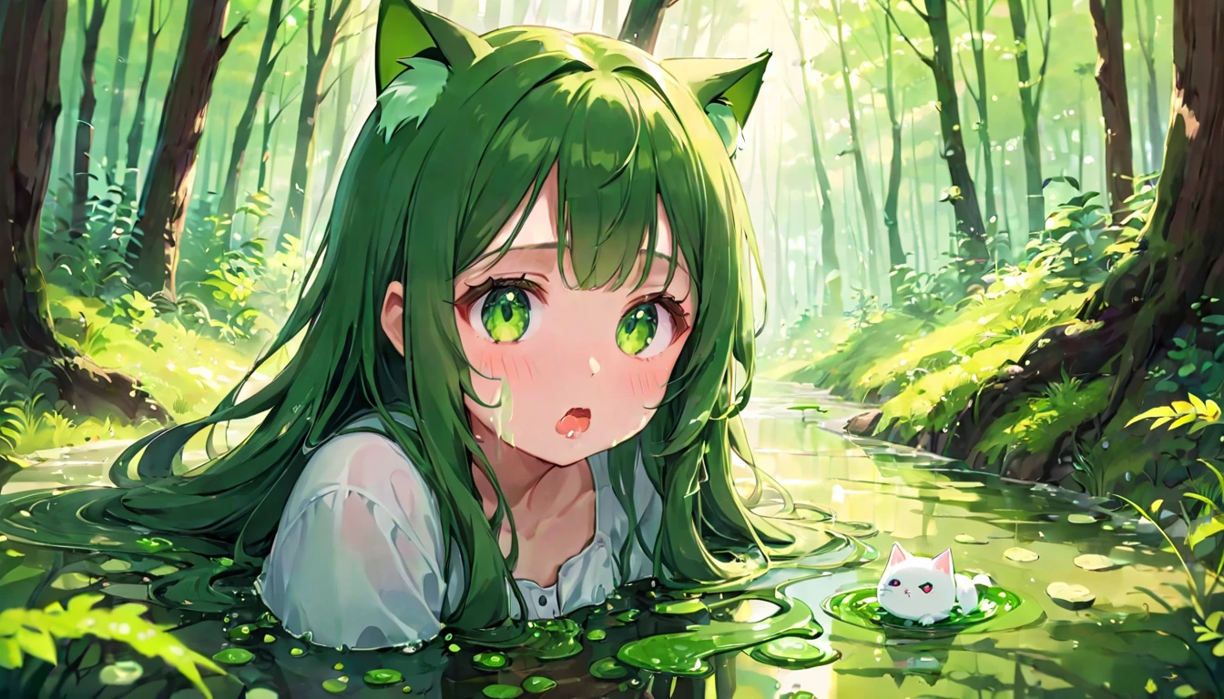 Cute girl, melted mucus, sticky liquid, green puddle, cute girl, woman with long hair, moving mucus, cat ears, in the forest