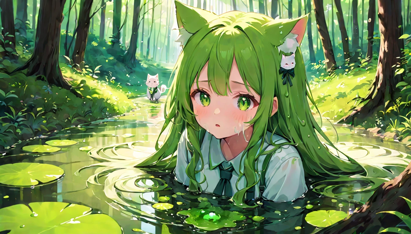 Cute girl, melted mucus, sticky liquid, green puddle, cute girl, woman with long hair, moving mucus, cat ears, in the forest