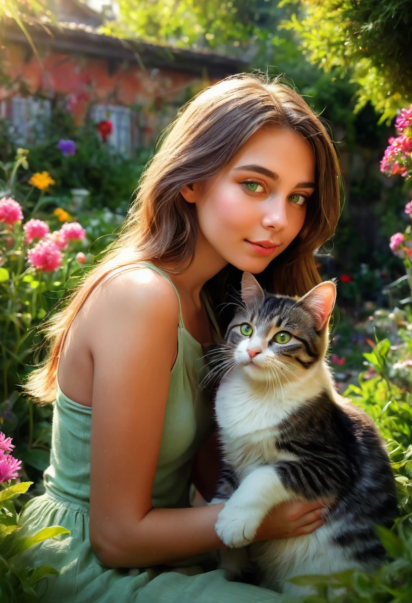 2 girls kissing a cat,detailed beautiful eyes,loving tender expression,soft lips,two young women,garden background,green plants,colorful flowers,happy atmosphere,fantasy lighting,hdr effect,vivid colors,photorealistic art style,medium:oil painting,ultra-fine brushstrokes,romantic atmosphere,adorable kitten,cuddling,cute furry friend,sunshine,joyful moment,emotion,affection,love and friendship,whiskers,fluffy fur,playful interaction,flowers and plants in the garden,shadows and highlights,blurred background.