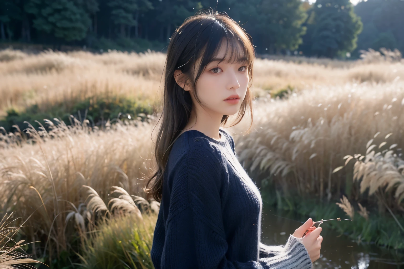 (navy knit:1.4), from side, upper body, Japan, minimum, harmony, tranquility, autumn, rural, A girl surrounded by silver grass taller than her, (diffused silver grass glow:1.2), slender, floating Medium Hair, diffused natural skin glow, bangs, masterpiece, best quality, RAW Photos, sigma 50mm f1.4, candytt