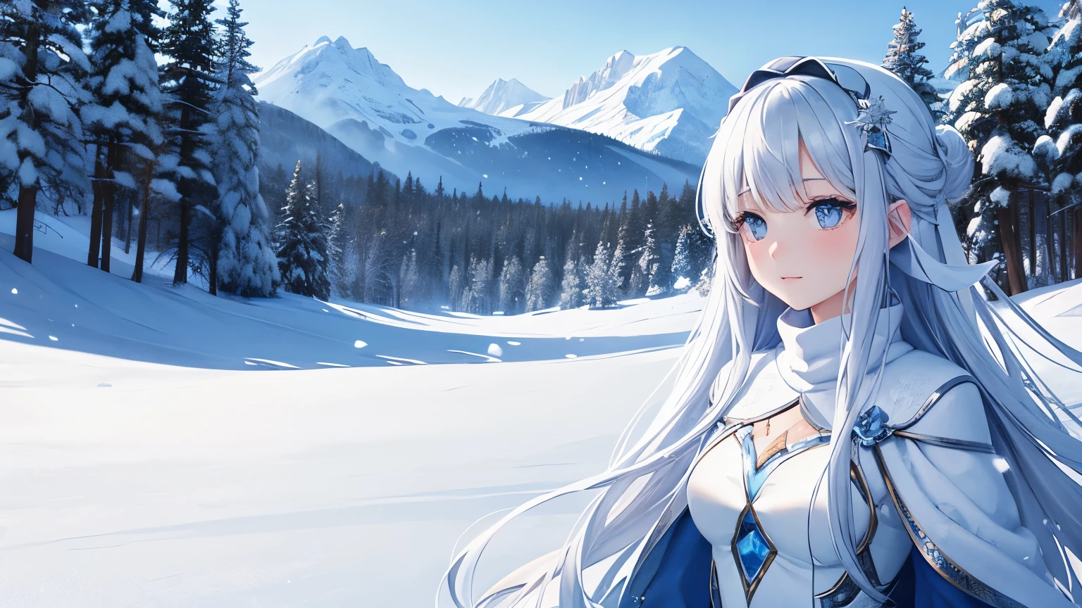 landscape, forest, snow mountain,snow fairy girl, cute, beautiful, fantasy, white background, with a snowy mountain, anime, bloom, cold lighting, pale colors, best quality, ultra detailed,snow fairy girl