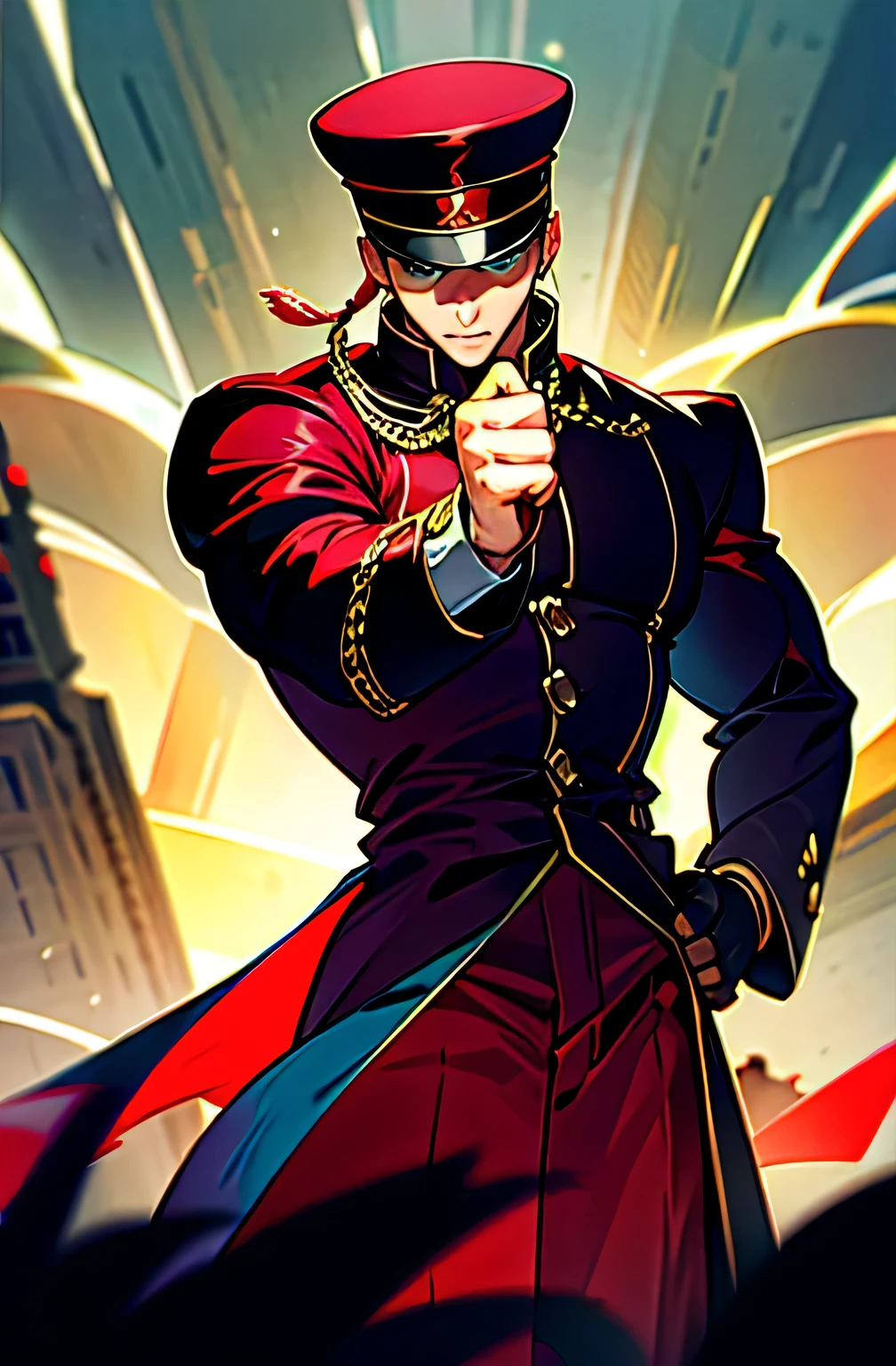 (masterpiece), best quality, 8k, perfect artwork, (lightning effect, time stop), Fantasy,RED red clothes, 1man, muscular man, HAT ,GREEN EYES, , GAKURAN, LONG COAT, JEWELRY, EARRINGS, CHAIN, Hash, stick out one's fist
hilltop monastery with panoramic views of the surrounding landscape of a city,detailed shadow, detailde lighting, professional lighting