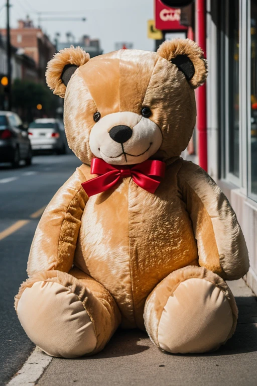((mejor calidad)), ((Obra maestra)), (detallado), cara perfecta, It generates a professional 8k UHD photograph of an old plush bear with the seams open, you can see the stuffing inside, on its chest it has a translucent heart that inside it you can see that it has a red light, this stuffed animal is lying on the street near the garbage, this photograph represents the contempt for true love, a masterpiece
