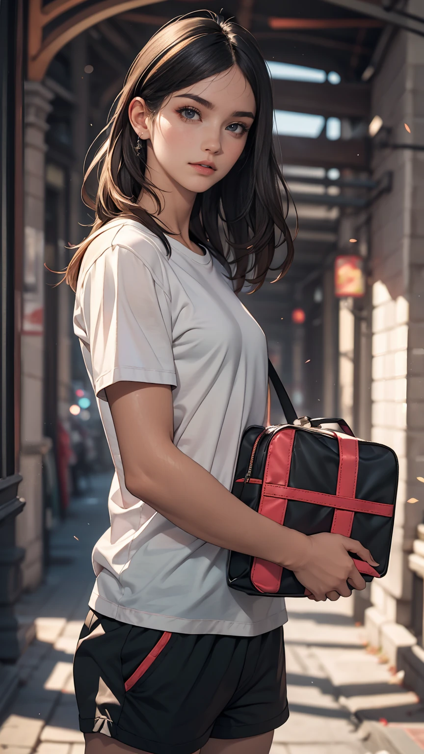 (8k, RAW photograph, highest quality, masterpiece:1.3),(Genuine,photograph:1.37),(Black Hair),Pause,One girl,Very beautiful face,cute,(small),(Hands down))),Poggy Hairstyle,Random Expressions,(White T-shirt),ＪＫ_style,(Track Shorts) ,Black Hair,(19 years old),moderate,Five Fingers,Normal hand,small Mouth,Straight hair