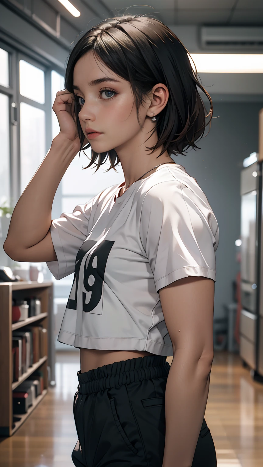 (8k, RAW photograph, highest quality, masterpiece:1.3),(Genuine,photograph:1.37),(Black Hair),Pause,One girl,Very beautiful face,cute,(small),(Hands down))),Poggy Hairstyle,Random Expressions,(White T-shirt),ＪＫ_style,(Track Shorts) ,Black Hair,(19 years old),moderate,Five Fingers,Normal hand,small Mouth,Straight hair