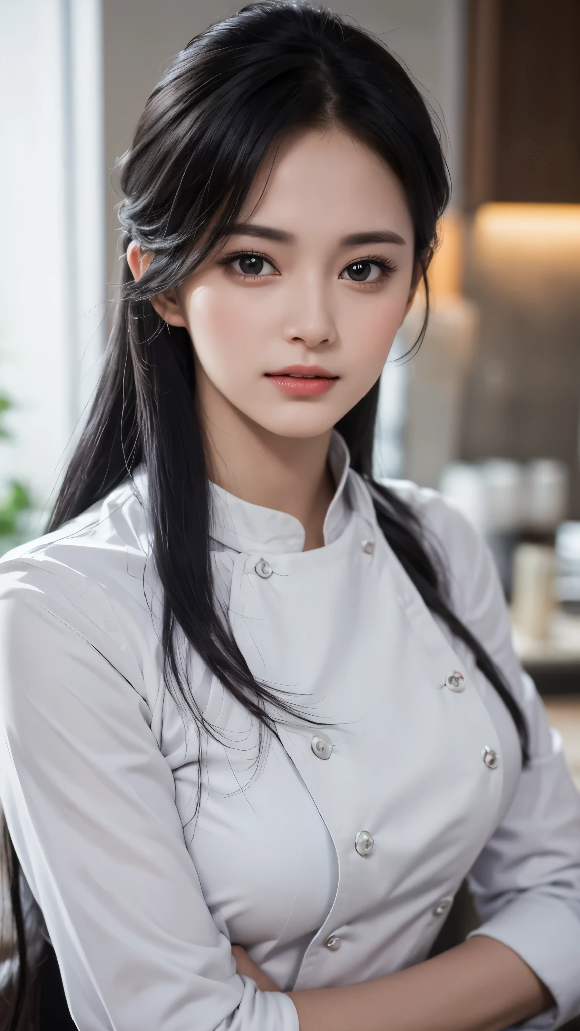 Un chef-d'breathtaking work, realistic and top quality depiction of a beau girl with a perfect body, professionally installed with gloss, peau naturelle. Ce portrait surréaliste capture l'essence de la jeunesse et de la beauté, avec des détails simples. beau, neat black hair.