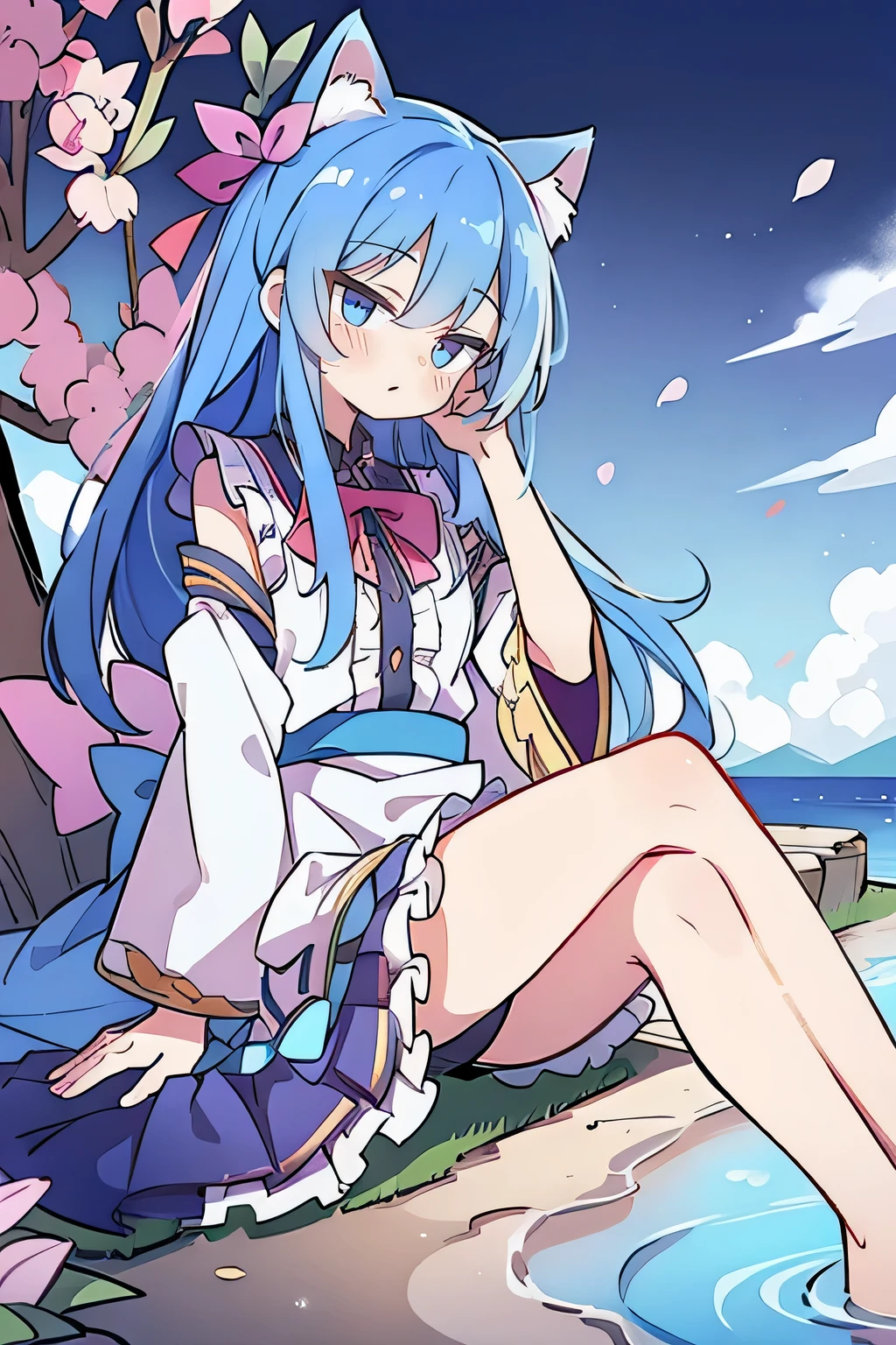 (masterpiece:1.2),ultra-detailed,realistic,expressive eyes,fair-skinned,perfectly shaped face,1girl,
Japanese cartoons,Gorgeous blue hair, flowing blue hair,floating clothes,cat ears,petals falling,beautiful Lola,Hina Angel,
hands on waist,gracefully sitting on the ground,legs crossed,gentle and serene background,cool and comfortable pavilion.
