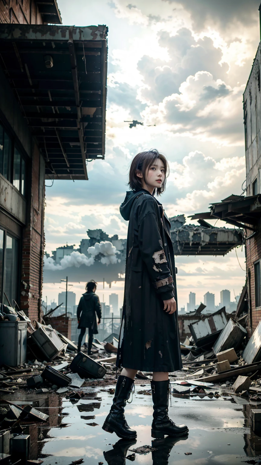 Brown short hair girl、A structure piercing the sky in the distance、anime art wallpaper 8k, 16k、(Disparity society)、((One of his arms is made of machinery))、Black long boots、((A ruined world))、Destroyed City、(a girl standing at the rooftop of a building)、Clothes dirty with dust、Damage costume、((Black make-up on the face))、Fluttering costumes、Fluttering Hair、Exploding buildings、Dark Clouds、(Dystopia)、((Chaotic world))、Reddish long coat