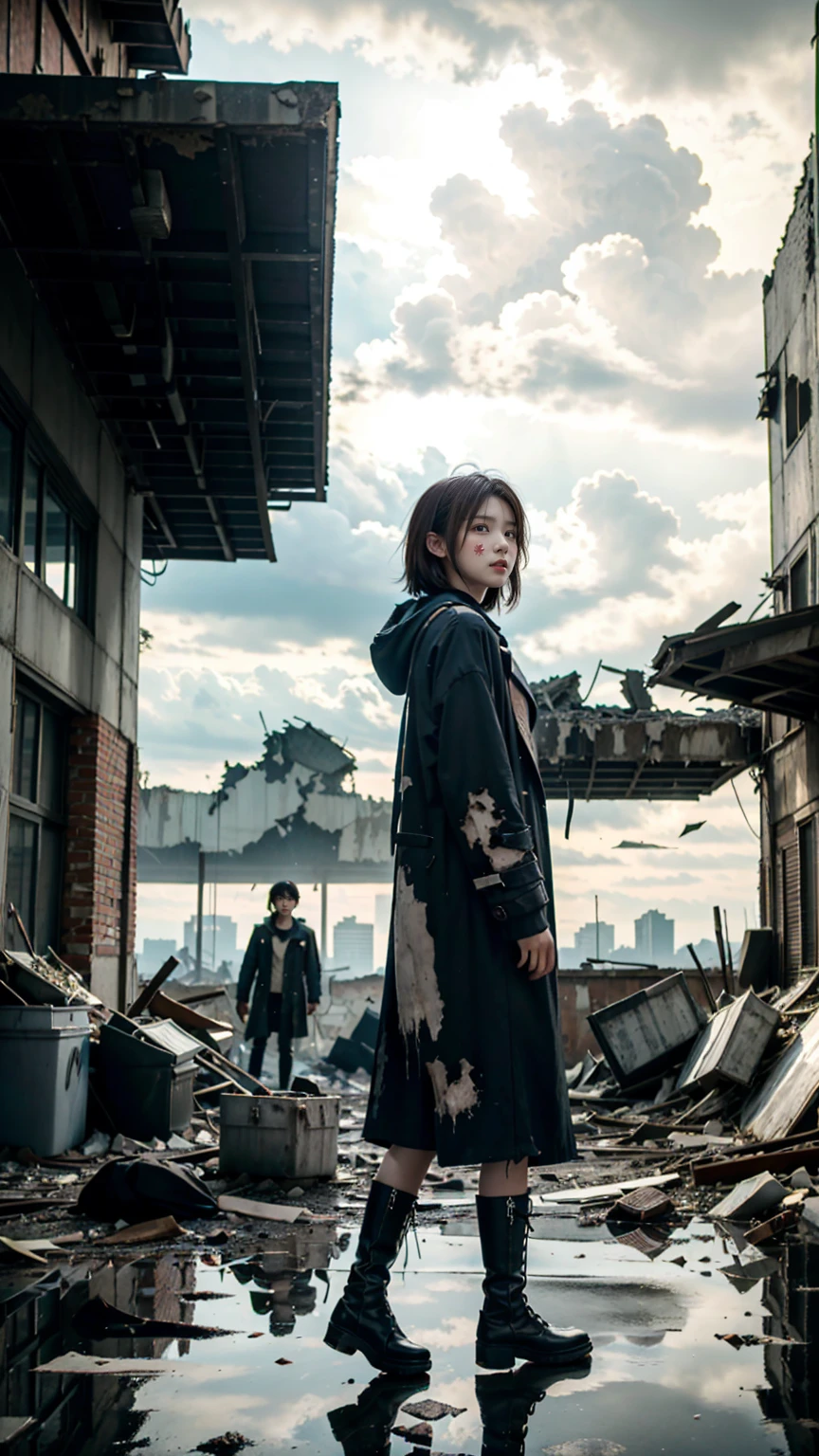 Brown short hair girl、A structure piercing the sky in the distance、anime art wallpaper 8k, 16k、(Disparity society)、((One of his arms is made of machinery))、Black long boots、((A ruined world))、Destroyed City、(a girl standing at the rooftop of a building)、Clothes dirty with dust、Damage costume、((Black make-up on the face))、Fluttering costumes、Fluttering Hair、Exploding buildings、Dark Clouds、(Dystopia)、((Chaotic world))、Reddish long coat