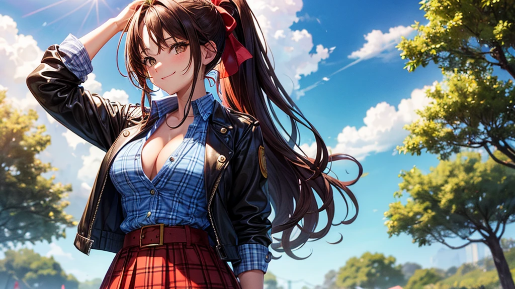 1girl, summer, village, trees, sun, clouds, ((colorful hair)), long hair, curly hair, ponytail, large breasts, button down shirt, ((blue checked shirt)), ((unbuttoned shirt)), unbuttoning buttons, popping buttons, cleavage 1:3, brown eyes, ((opened brown zipper jacket)), leather jacket, ((red black skirt)), smile, looking at the viewer, touching neck, standng, hair ribbon, golden necklate