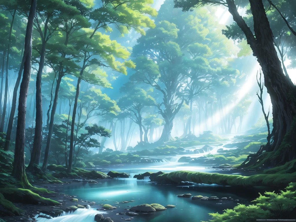 Bosque encantado, un estanque, a big tree spilling fairy dust, alta calidad, contrast, sharp focus, colores calidos, Obra maestra, mejor calidad, (aguafall, (agua)), mountain, (flores), Pintado por Greg Rutkowski Makoto Shinkai Takashi Takeuchi Studio Ghibli