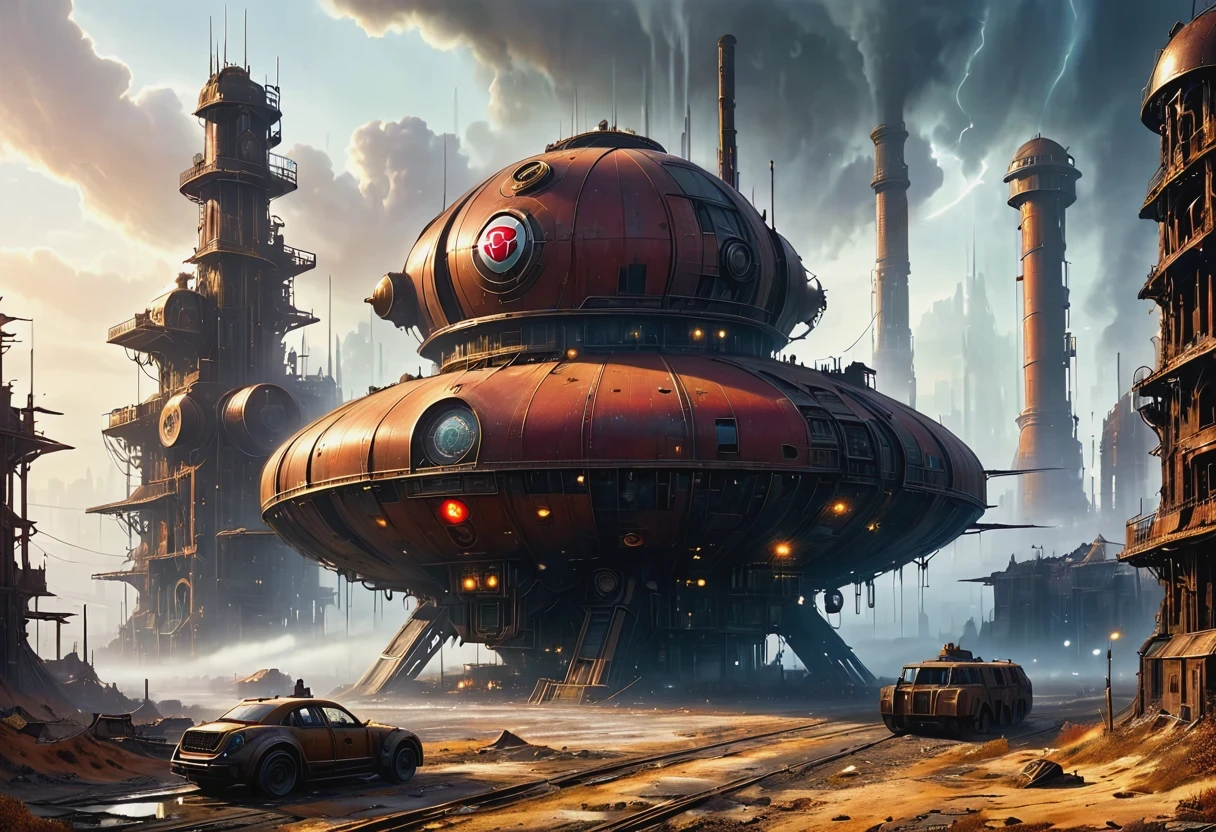 A beautiful red rose blooms in the center of a deserted city covered in ruins and yellow sand, dawndrops, dawn, subtle rays of sunlight, There are many rusty structures in the air,Destroyed large radar,Abandoned space station base, scenic Dystopian environment, Dystopian environment, Industrial science fiction, Industrial science fiction, Industrial science fiction, Steampunk space station base background, Dystopian digital concept art, Steampunk city, post-apocalyptic factory, Steampunk ruins of the future, Industrial science fiction, Steampunk concept art, Dystopian alien landscape, In a steampunk cityscape, Dystopian landscape with foggy road, nature, realism, hyperrealism, Fine details