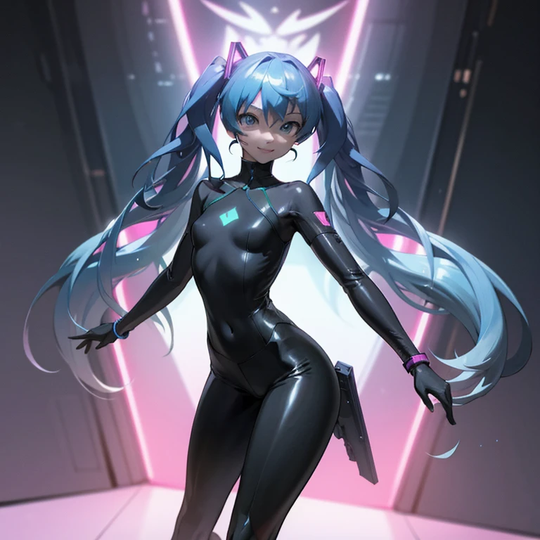 Hatsune Miku, from the front, wearing a futuristic Cyberpunk-style suit, black and tight, with a white, loose, short-sleeved T-shirt, with a wide neck, with a pink heart print in the center, and that reaches to her abdomen, She is wearing tight and comfortable black lycra sports pants that go from her waist to her feet, she is wearing white boot-type sneakers, with pink laces and lights, in her hands she is wearing bright neon colored bracelets, on her head she is wearing headphones shaped like cat ears, black and with neon colored lights, she is smiling sexy, she has small breasts, a small waist, wide hips, a round butt and soft legs. She is seen from above in a dynamic pose, with a dark background, with futuristic lights and a cyberpunk aesthetic,(CINEMATIC LIGHTS),(ULTRA HD),(FULL HD),(8K),(BEAUTIFUL FACE),(SUPER DETAILED FACE ),(HIGH QUALITY IMAGE).