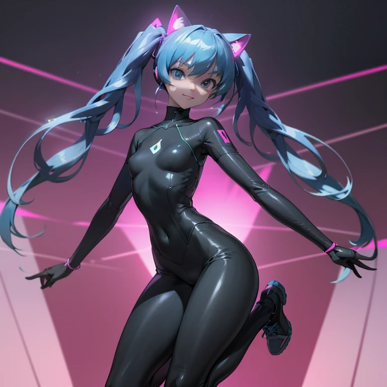 Hatsune Miku, from the front, wearing a futuristic Cyberpunk-style suit, black and tight, with a white, loose, short-sleeved T-shirt, with a wide neck, with a pink heart print in the center, and that reaches to her abdomen, She is wearing tight and comfortable black lycra sports pants that go from her waist to her feet, she is wearing white boot-type sneakers, with pink laces and lights, in her hands she is wearing bright neon colored bracelets, on her head she is wearing headphones shaped like cat ears, black and with neon colored lights, she is smiling sexy, she has small breasts, a small waist, wide hips, a round butt and soft legs. She is seen from above in a dynamic pose, with a dark background, with futuristic lights and a cyberpunk aesthetic,(CINEMATIC LIGHTS),(ULTRA HD),(FULL HD),(8K),(BEAUTIFUL FACE),(SUPER DETAILED FACE ),(HIGH QUALITY IMAGE).