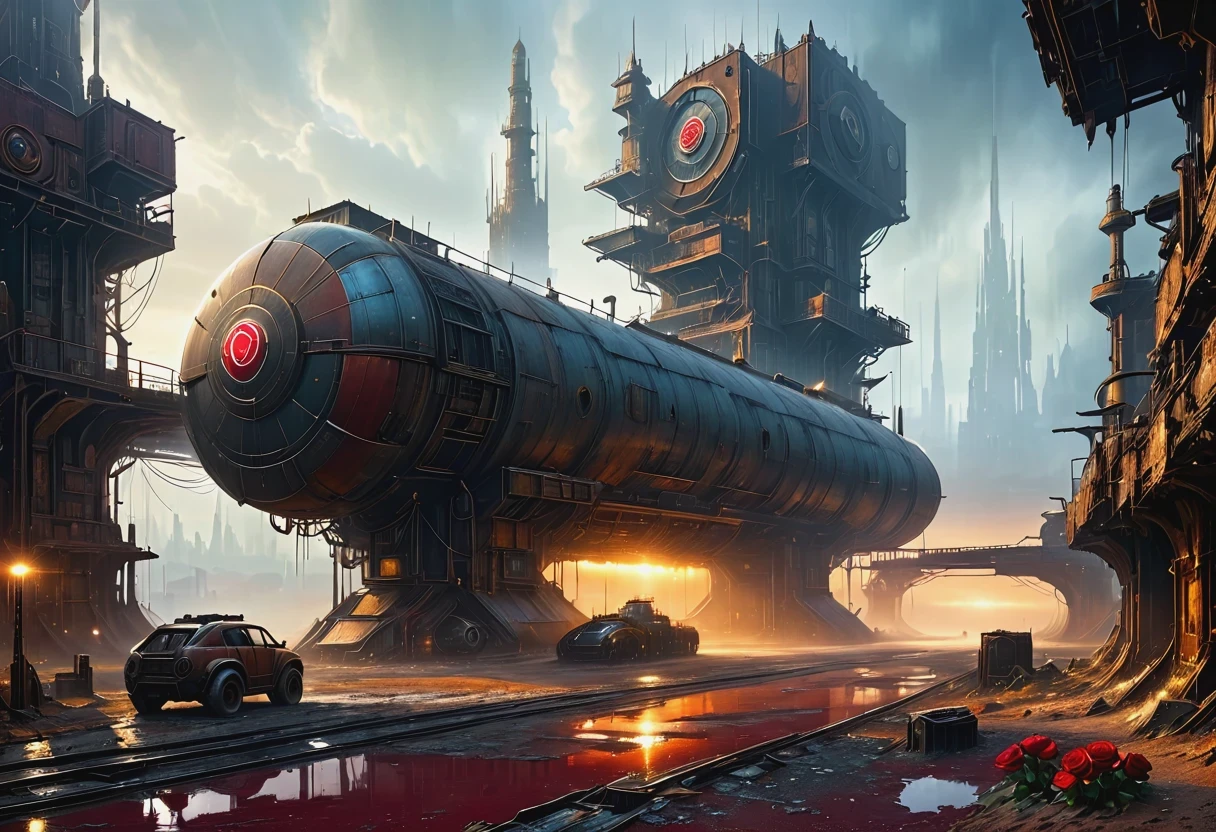 A beautiful red rose blooms in the center of a deserted city covered in ruins and yellow sand, dawndrops, dawn, subtle rays of sunlight, There are many rusty structures in the air,Destroyed large radar,Abandoned space station base, scenic Dystopian environment, Dystopian environment, Industrial science fiction, Industrial science fiction, Industrial science fiction, Steampunk space station base background, Dystopian digital concept art, Steampunk city, post-apocalyptic factory, Steampunk ruins of the future, Industrial science fiction, Steampunk concept art, Dystopian alien landscape, In a steampunk cityscape, Dystopian landscape with foggy road, nature, realism, hyperrealism, Fine details