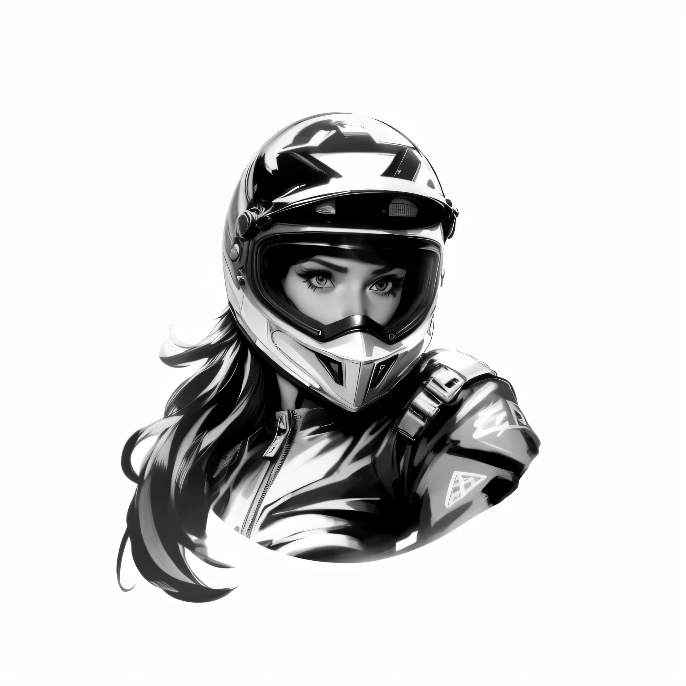 Arafed image of a woman wearing her helmet and jacket, Digital sketch, motorcyclist, Black & White Vector Graphics, in her helmet, simple concept art portrait, no helmet, vector art, picture of a female biker, wearing her helmet, Rossries 1. 0, Drawing with a digital pencil, girl, quick sketch, digital painting style