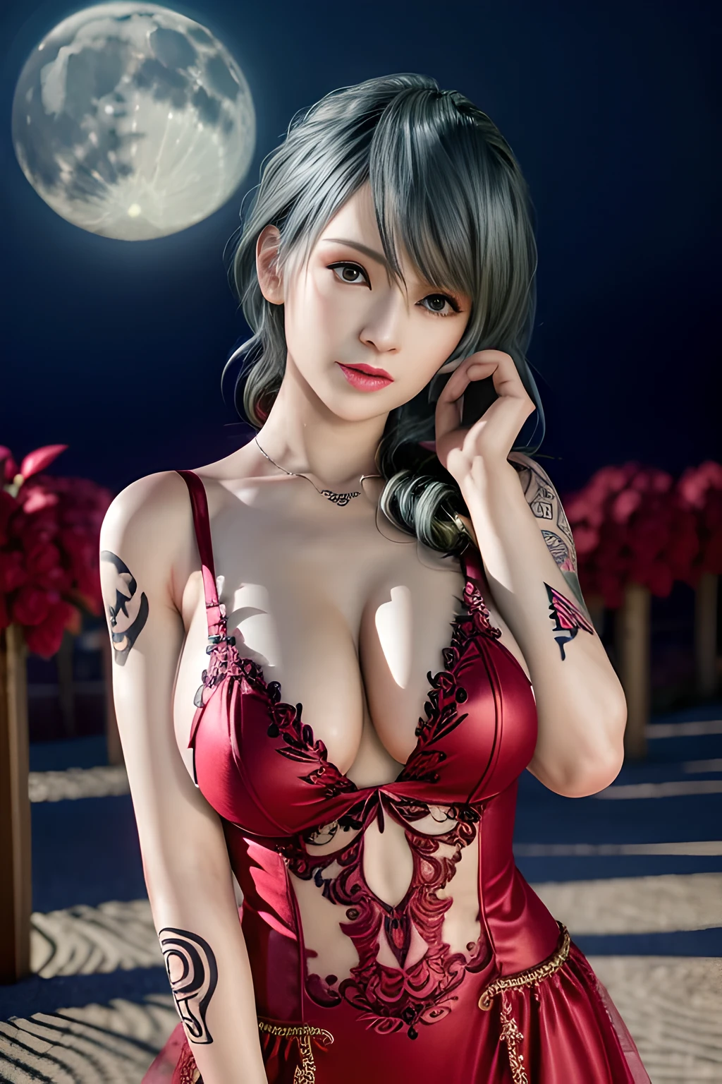 1 girl,lean over WINK, (dark red Wedding Dress,see-through), nighttime,moon,( huge breasts:1.1),cleavage,shiny skin,lip gloss,( tattoos:1.2), masterpiece, best quality, realistic ,Surrealism,Rich artistic colors,natural colors art in 8k,3D,Portrait art,solo, tamaki