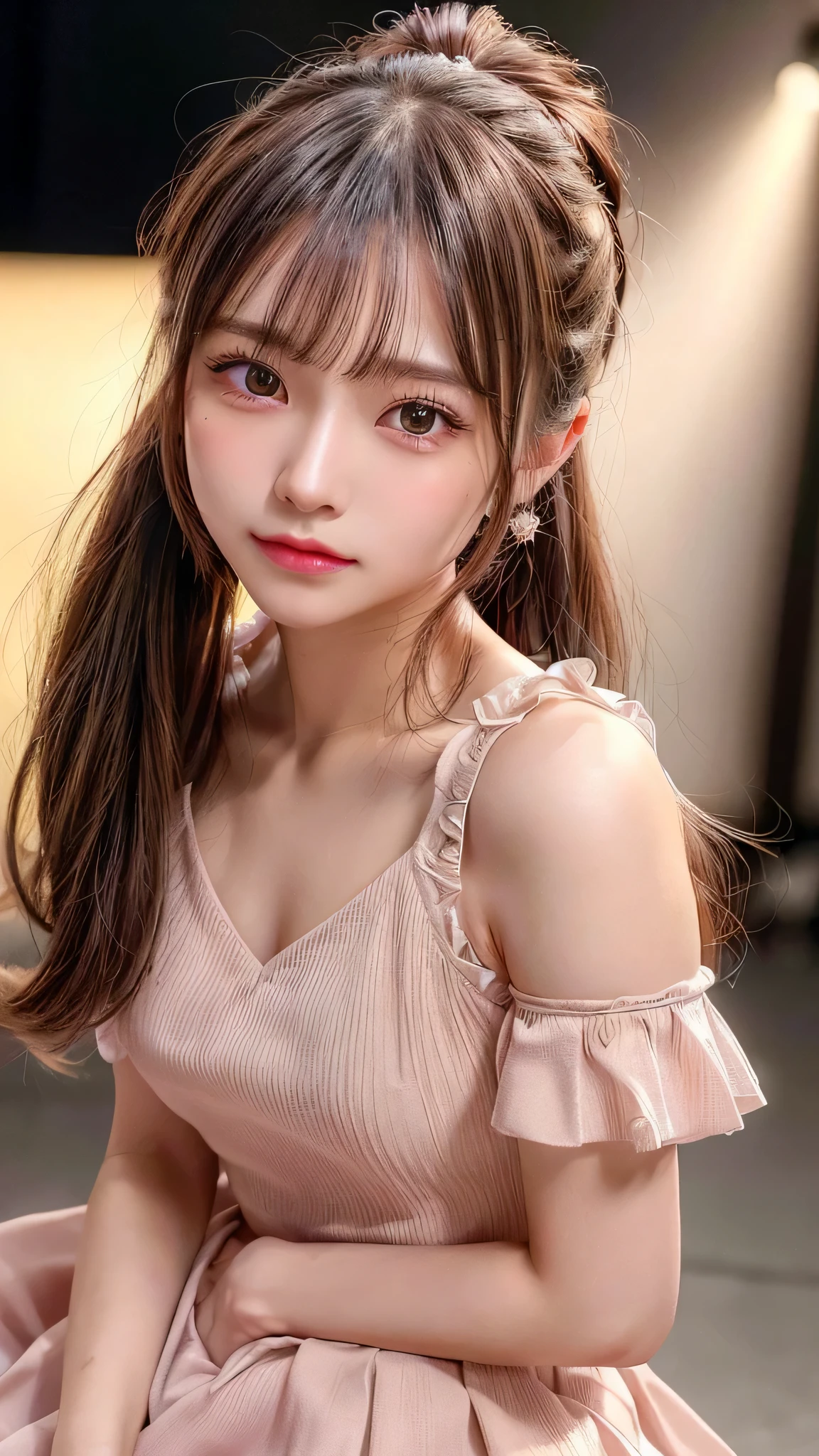 Close-up of face,Blushing,Facing forward,Close-up of face,Small breasts,14 years old,Long hair ponytail,concert,On stage,((8K, Raw photo, Best Quality, Mastepiece:1.2), (Realism, Photorealistic:1.4), (Highly detailed 8K wallpapers), Depth of written boundary, Cinematic Lighting, Soft Light, Detailed Beauty Eye,Shiny and smooth light brown ponytail, Asymmetrical bangs, Shiny skin, Ultra-detailed skins ,It is high resolution., High detail, Detailed hairstyle, Detailed facial beauty, Hyper-realistic, Perfect limbs, Perfect Anatomy ,1 Japanese girl,Famous Japanese Idols, Perfect female body,A shy smile,Short eyelashes,Double-edged eyelids,Look straight here,Hair style: ponytail、She is wearing a skirt with lots of frills,pose is random,Pink frilly dress,Close-up of face