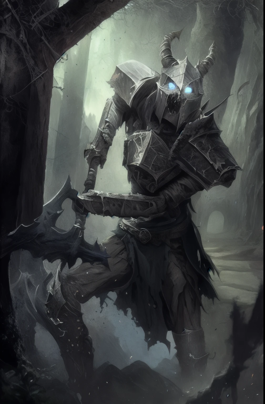 It has a horned head and body、There's a man with a sword, undead knight, Dark fantasy art, Tyler Edlin Fantasy Art, Epic fantasy illustration, epic fantasy card game art, Dark fantasy concept art, Epic fantasy character art, fantasy card game art, scary knight, Dark Fantasy Art, Fantasy Game Art, Dark Fantasy Artwork