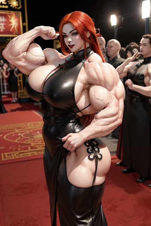 (((((Massive tall, beautiful, buff, pale white skinned, muscular asian woman with red hair, black lipstick, ginormous bulky muscles and wearing a beautiful long black leather cheongsam dress))))), close view, vascular, massive muscle, (massive biceps), hyper muscle shoulders, vascular shoulders, hyper muscle triceps, (long hair), yellow eyes, long high heels, cocky smile, ((in Hollywood red carpet)), evening, Vascular arms, hyper vascular arm, hyper muscles arms, hyper muscle legs, massive buff arms.