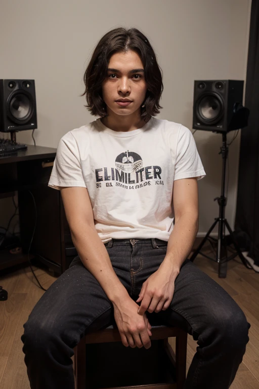 ((mejor calidad)), ((Obra maestra)), (detallado), perfect face, I am a dark-skinned man of 18 years old, black hair, I have a trendy haircut, medium Chinese eyes, I am sitting as if I were talking to you in a recording studio