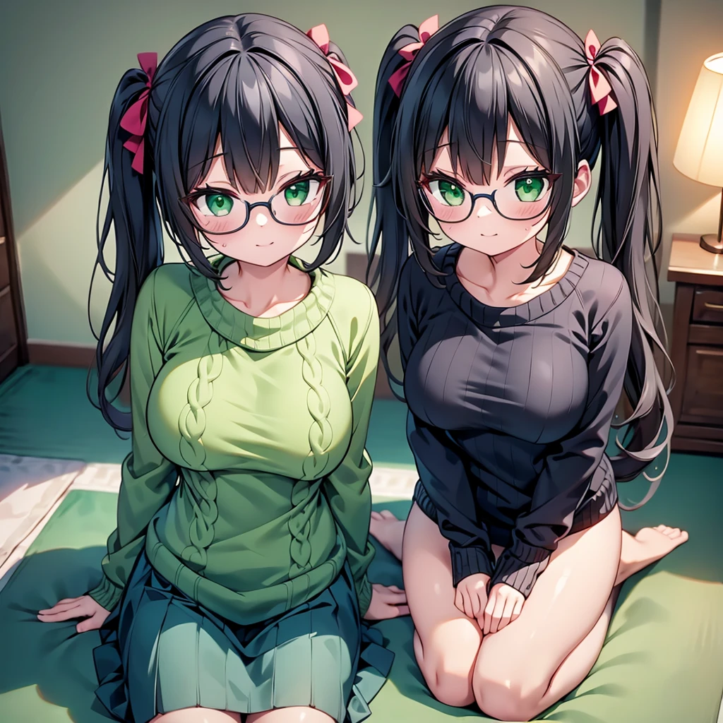 highest quality,wonderful,finely,extremely detailed CG Unity 8K wallpaper, 2 Girls, big breasts,(virgin killer sweater:1.3), Black Hair, Glasses, Green Eyes,Twin tails,full body