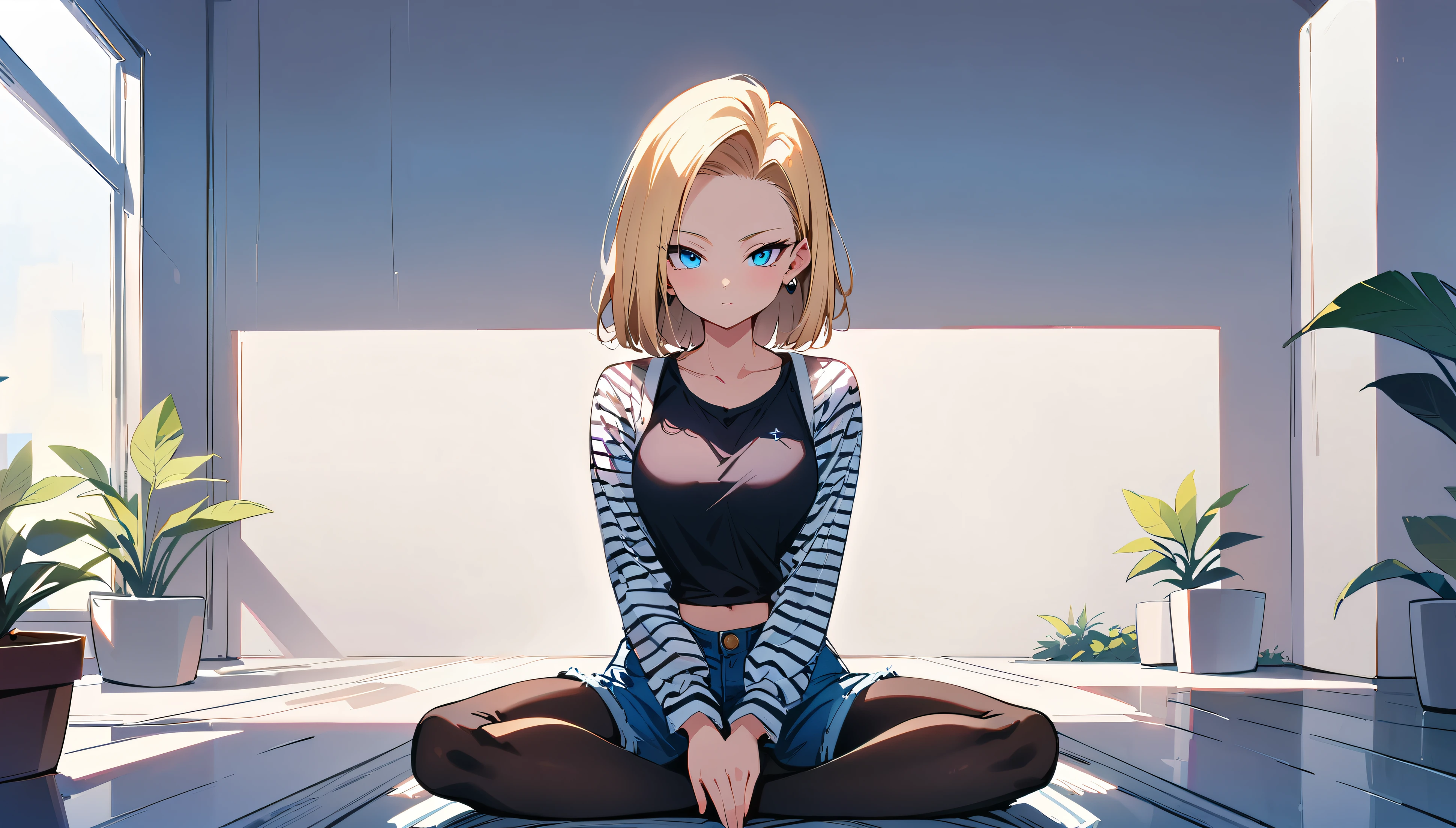 (masterpiece, best quality:1.2), frontal full body shot, Android 18 from Dragon Ball, slender feminine figure, sitting with legs crossed at ankles, each foot on opposite thigh, facing camera, upright spine, Zen meditation pose, narrow waistline, (white headphones must be worn), short blonde hair, blue eyes, earrings, denim vest, black hose, black cropped camisole, denim shorts, striped long sleeves, sitting on yoga mat, potted plant behind, small potted plant foreground, minimalist white room, window with cherry blossoms outside, 4K
