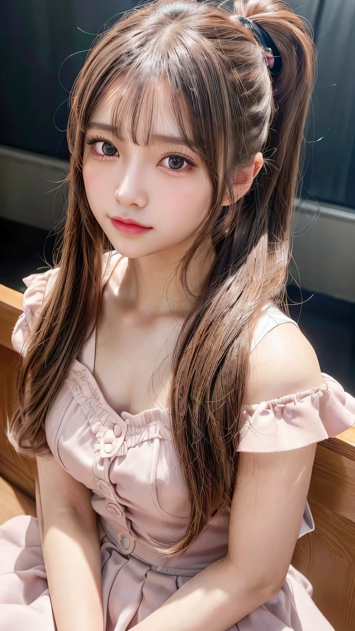 Close-up of face,Blushing,Facing forward,Close-up of face,Small ,14 yearair ponytail,concert,On stage,((8K, Raw photo, Best Quality, Mastepiece:1.2), (Realism, Photorealistic:1.4), (Highly detailed 8K wallpapers), Depth of written boundary, Cinematic Lighting, Soft Light, Detailed Beauty Eye,Shiny and smooth light brown ponytail, Asymmetrical bangs, Shiny skin, Ultra-detailed skins ,It is high resolution., High detail, Detailed hairstyle, Detailed facial beauty, Hyper-realistic, Perfect limbs, Perfect Anatomy ,1 Japanese girl,Famous Japanese Idols, Perfect female body,A shy smile,Short eyelashes,Double-edged eyelids,Look straight here,Hair style: ponytail、She is wearing a skirt with lots of frills,pose is random,Pink frilly dress,Close-up of face
