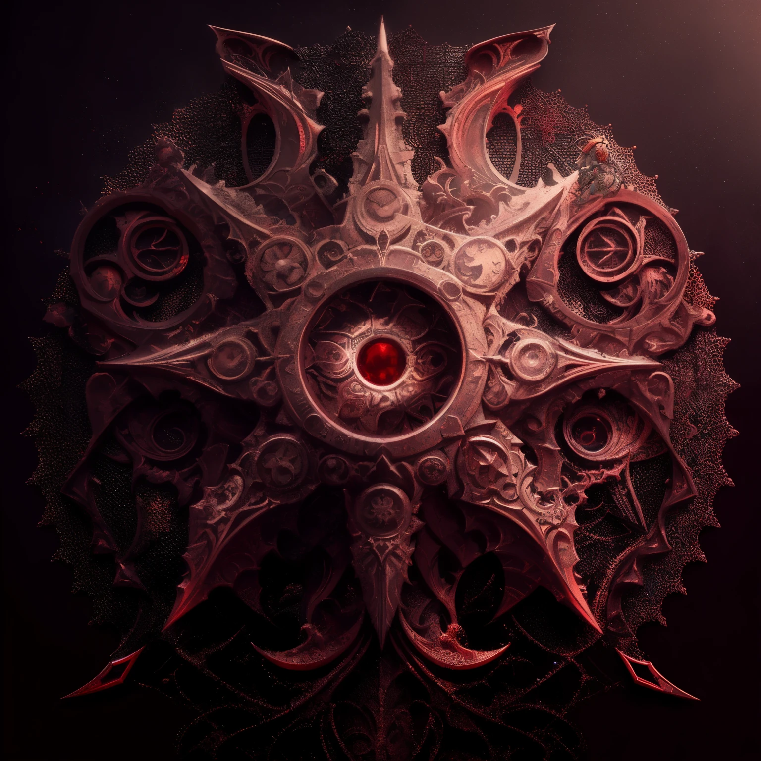 The walls of the building are decorated with very intricate patterns., Symmetrical epic fantasy art, Andrey Ryabobichev symmetry, Dark but detailed digital art, red biomechanical details, Ornamental Gothic - Cyberpunk, red biomechanical, Intricate artwork. Octane Rendering, Written by Alexander Cobbsday, God Machine, Awarded at cgsociety