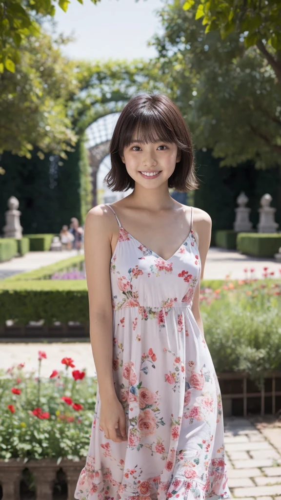 masterpiece, highest quality, disorganized, perfect anatomy, 1 girl, alone, pascal tales, short hair, beautiful, Hilarious, sunny day, botanical garden, Summer winds, sundress, Floral, wavy hair, smile