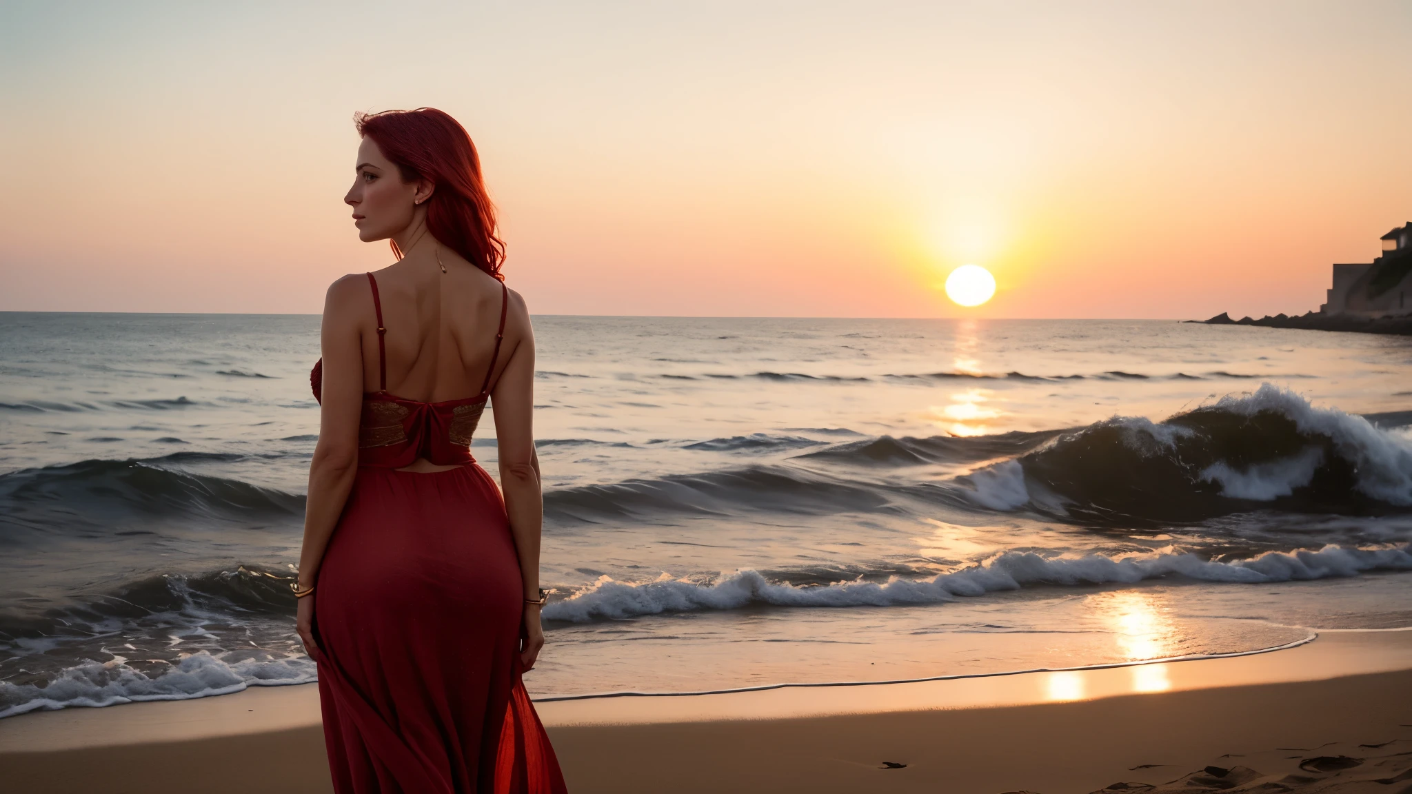 Portrait of the navel at the head of a red-haired French woman of 20 years, small build, dressed in an antique Roman dress drapped in ecru linen, on a beach, dynamic position, hands in the buttocks, head bowed, seduction, charm, sunset, cinematographic rendering, 32K, RAW