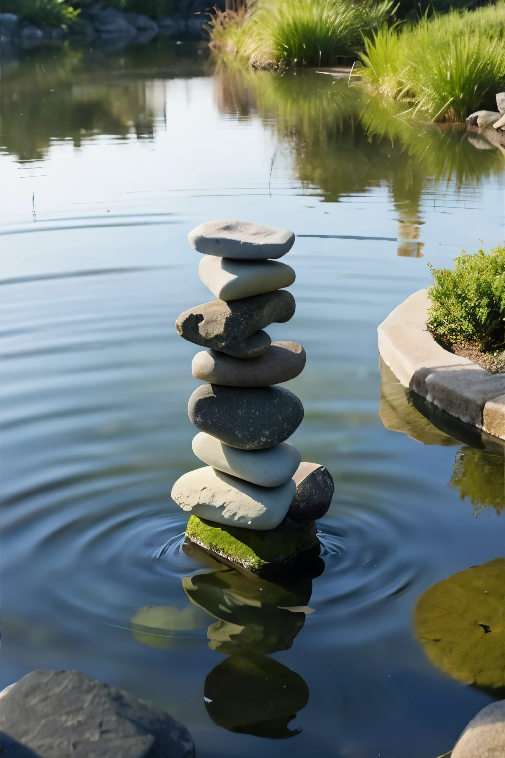 Zen stones and water prompt: 「A serene, minimalist image of zen stones harmoniously stacked next to a pond of quiet, reflective water。Soft natural light with emphasis on serenity and balance、Good for profile pictures。」
