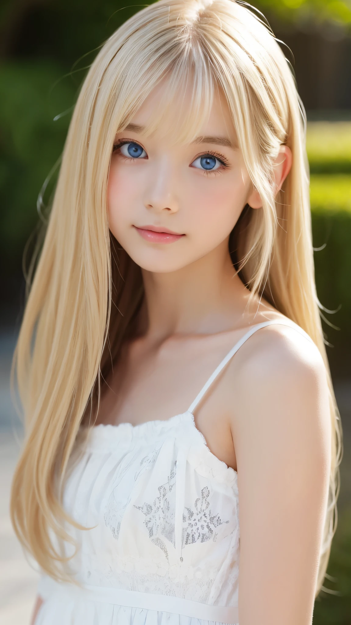 Shining, clear, white skin、Her windblown blonde hair hides her beautiful face、huge、28 years old cute sexy little beautiful face、Beautiful straight hair that stands out、growing up, Sparkling light blue eyes、long silky bangs that cover cute eyes, Sexy and cute young woman with super long hair hiding her sexy face、Super long, natural platinum blonde shiny hair