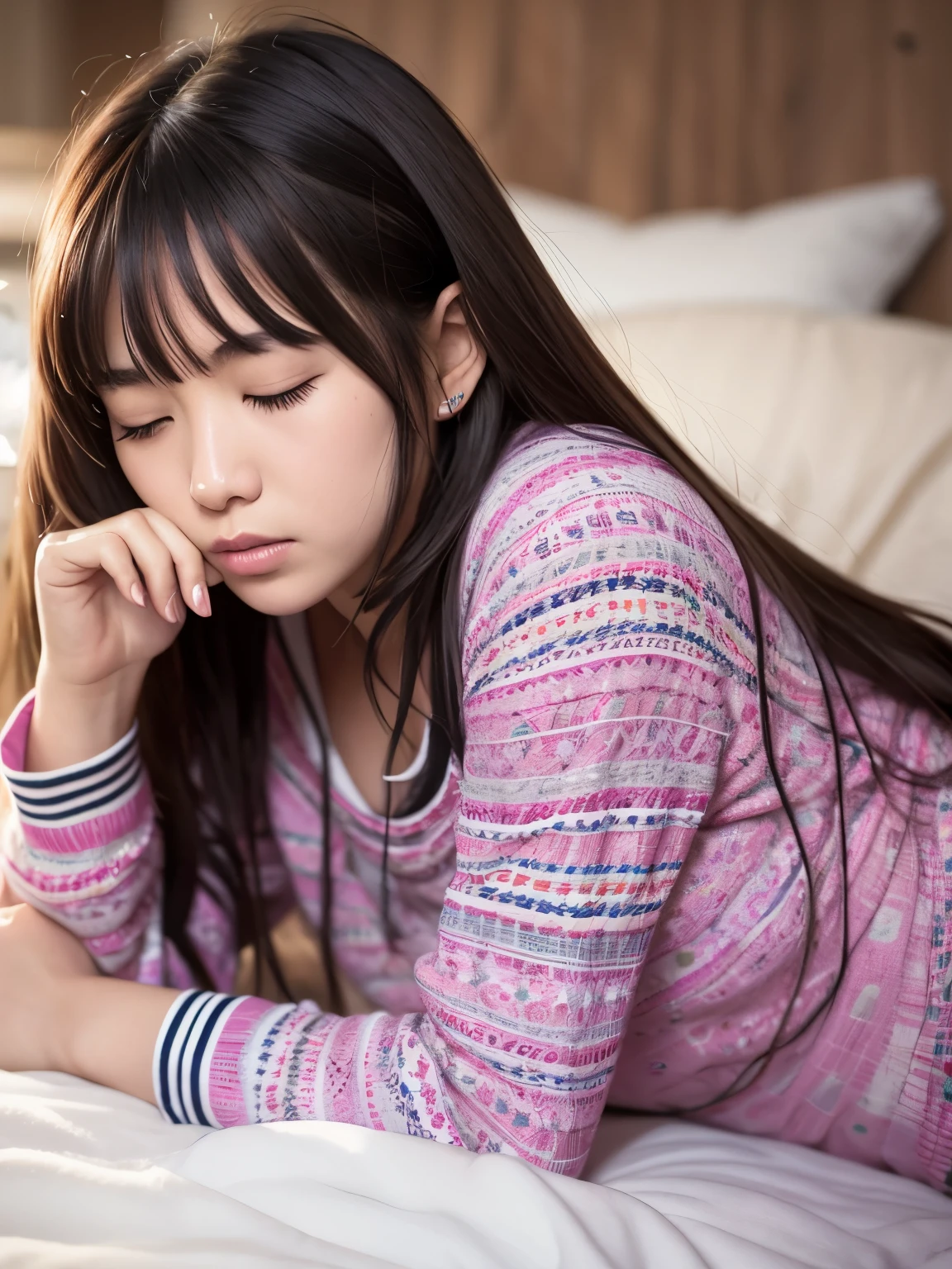 Realistic, photorealistic, rendering, female teenager, cute pajamas, black hair, idol, student, cute girl, , young, cute sleeping face, long eyelashes, beautiful hair, beautiful face, beautiful eyes, beautiful body, beautiful legs, Pastel colors, sleeping in bed, lying down and closing eyes, colorful background, bedroom, colorful POP room, bright room, (best quality, high resolution).