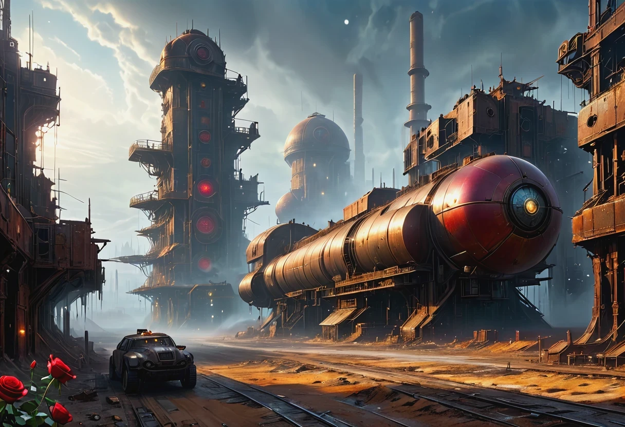 A beautiful red rose blooms in the center of a deserted city covered in ruins and yellow sand, dawndrops, dawn, subtle rays of sunlight, There are many rusty structures in the air,Destroyed large radar,Abandoned space station base, scenic Dystopian environment, Dystopian environment, Industrial science fiction, Industrial science fiction, Industrial science fiction, Steampunk space station base background, Dystopian digital concept art, Steampunk city, post-apocalyptic factory, Steampunk ruins of the future, Industrial science fiction, Steampunk concept art, Dystopian alien landscape, In a steampunk cityscape, Dystopian landscape with foggy road, nature, realism, hyperrealism, Fine details