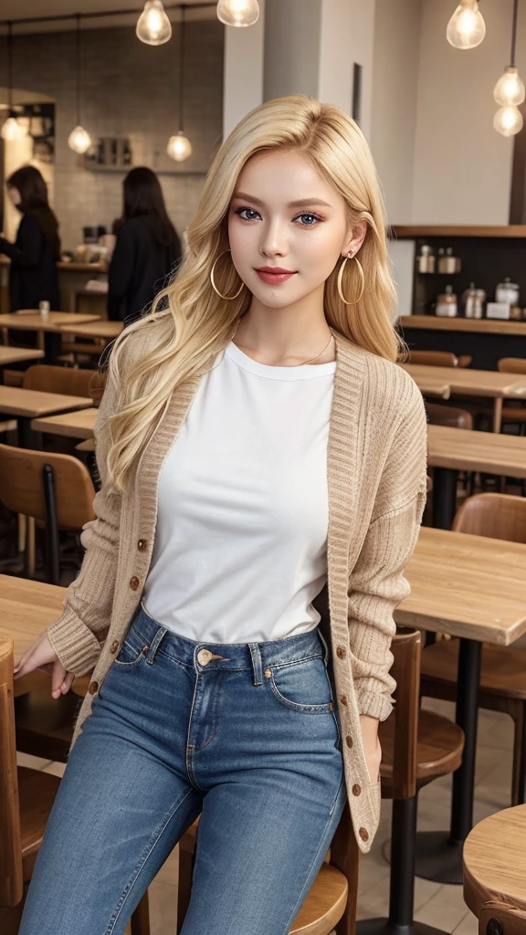 1 29 year old blonde beautiful woman with long hair posing for a picture, Beautiful long blonde woman, Long blonde very beautiful woman, She is resting her exhausted body while drinking coffee and sitting on a wooden chair, A lonely smile, Well-cared for beautiful long blonde, 8K Realistic ultra wide angle photo, Photograph from the front of her, Smooth long blonde beautiful woman, She has a slim figure and 10 heads tall and tight waist and very long slender legs, She has a very white and fine and smooth skin, breast enhancement, (Long blonde Swedish woman), blonde eyebrows, She has bittersweet feeling, Glossy long blonde hair, She's moist eyes, thick plump and shiny lips, A photo from head to toe, A person in the center left and right, She wears an oversized cardigan over a oversized crew neck t-shirt and wide denim pants and boots, A very simple earrings, Perfect Makeup, Professional lighting like movies inside the cafe crowded with people at dusk