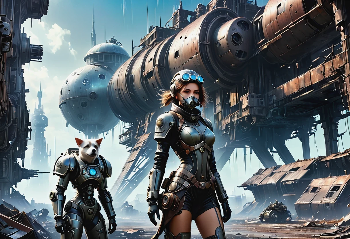 Future cyberpunk mechanical girl wearing a future gas mask and a dog,Travel through a destroyed futuristic city,Silver Mechanical Girl,Mechanical joints,There are many rusty structures in the air,Destroyed large radar,Abandoned space station base, scenic Dystopian environment, Dystopian environment, Industrial science fiction, Industrial science fiction, Industrial science fiction, Steampunk space station base background, Dystopian digital concept art, Steampunk city, post-apocalyptic factory, Steampunk ruins of the future, Industrial science fiction, Steampunk concept art, Dystopian alien landscape, In a steampunk cityscape, Dystopian Landscape