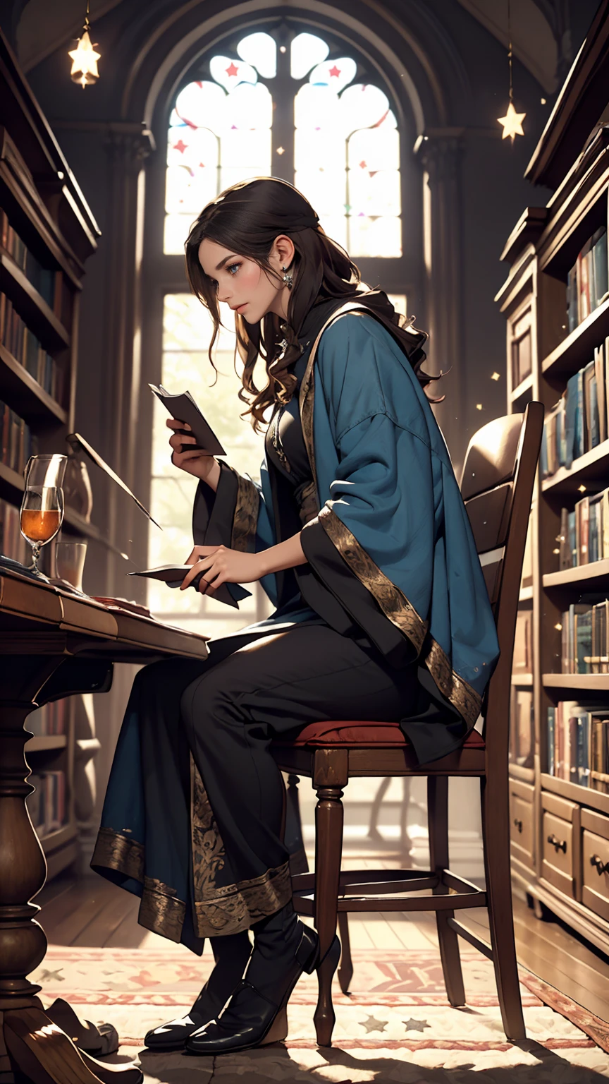castle tower, Harry potter, Hermione、Ravenclaw, Lounge, Arched Windows, Blue silk hanging on the wall, Domed ceiling with stars, A deep blue carpet with stars, table, Chair, Bookshelf on the floor