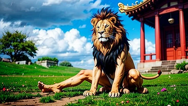 On a quiet rainy day,A Suanni with a lion's head and tail, and covered with flame-red scales, looks full of power.,Sitting quietly in front of a temple full of fairy spirit, stretching out his hand to shield a newly sprouted grass from the rain。