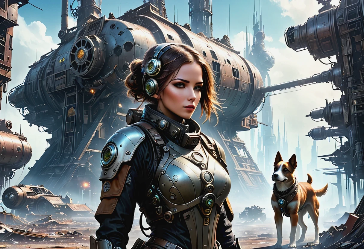 Future cyberpunk mechanical girl wearing a future gas mask and a dog，Travel through a destroyed futuristic city，Silver Mechanical Girl，Mechanical joints，There are many rusty structures in the air,Destroyed large radar，Abandoned space station base， scenic Dystopian environment, Dystopian environment, Industrial science fiction, Industrial science fiction, Industrial science fiction, Steampunk space station base background, Dystopian digital concept art, Steampunk city, post-apocalyptic factory, Steampunk ruins of the future, Industrial science fiction, Steampunk concept art, Dystopian alien landscape, In a steampunk cityscape, Dystopian Landscape