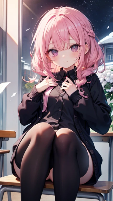 、、High resolution、Full HD、8K quality、、、Droopy eyes、、、Eye highlights、fresh、Black tights with pink lines、、、、、Pink Hair、lowering the corners of the eyes、lower the corner of the eye、Droopy eyes、Violet eyes、Zhouao Coral、Zhouao Coral、cute、、Hair on both sides is puffy、hair、No makeup、Oblique eyes、Round face、Calm、Long Hair、Hair knots on the left and right、Braid、Snow Moon Flowers、Black Shirt、Large cardigan、uniform、smile、、School building、classroom、Round eyes、Droopy eyes、Small breasts、Open chest cardigan、Long Hair、I can see your thighs、Knee-high socks、Cardigan with slits、Bangs、Place your hand on your chest、