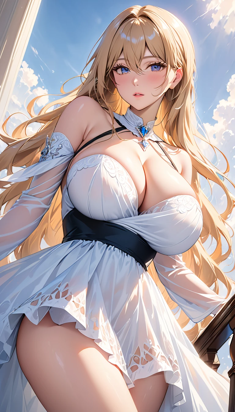 masterpiece:1.4,best-quality,Super Detail,Very Delicate and Beautiful, (( nsfw, low angle shot )), The world's most slutty woman, elegant skirt, blonde long hair, very gigantic breasts, cleavage, very slender, perfect face
