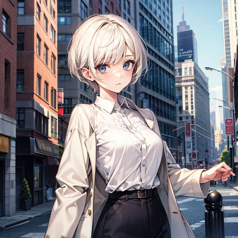 Cute girl in a white blouse、Jacket、Pixie Cut、slender、City、Mode