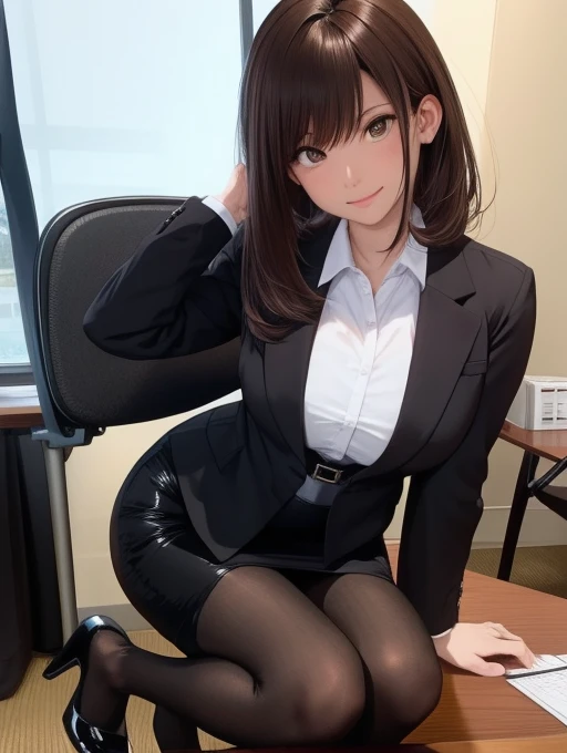 Best Quality, masutepiece, beautiful mature women、Beautiful face、Strong-minded woman、Officelady、brown haired、(Brown-eyed)、Longhaire、Undersized eyes、(((Black Pencil Skirt)))、magazine style、subject,FULL BODYSHOT、Office room、Computer on desk、documents、Female OL、Woman sitting on chair with legs crossed、(ID Card Strap)、(Office Clothes、Black Blazer、White cutter shirt、Black Long Pencil Skirt、with slit)BREAK(Black tights、high-heels)
