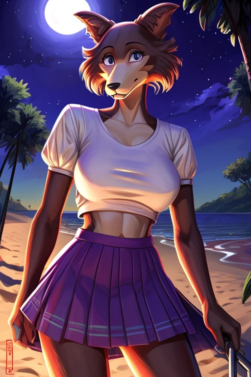 Beastars art style, beastars, Juno, brown wolf, she Wolf, 1girl, furry, long curly brown fur, slim figure, blue eyes, wide hips, big breasts, purple skirt, pink crop top, night time, beach