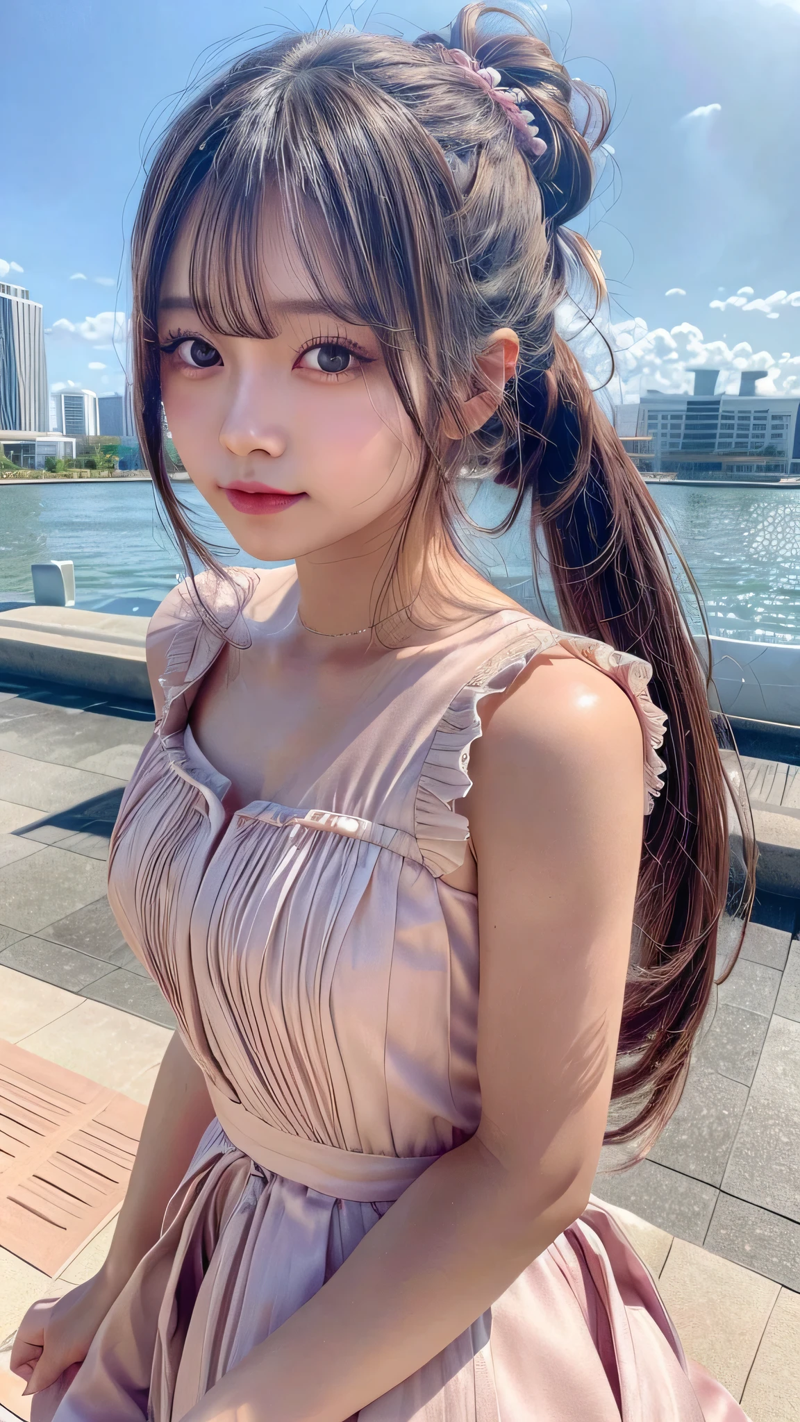 Close-up of face,Blushing,Facing forward,Close-up of face,Small breasts,,Long hair ponytail,concert,On stage,((8K, Raw photo, Best Quality, Mastepiece:1.2), (Realism, Photorealistic:1.4), (Highly detailed 8K wallpapers), Depth of written boundary, Cinematic Lighting, Soft Light, Detailed Beauty Eye,Shiny and smooth light brown ponytail, Asymmetrical bangs, Shiny skin, Ultra-detailed skins ,It is high resolution., High detail, Detailed hairstyle, Detailed facial beauty, Hyper-realistic, Perfect limbs, Perfect Anatomy ,1 Japanese girl,Famous Japanese Idols, Perfect female body,A shy smile,Short eyelashes,Double-edged eyelids,Look straight here,Hair style: ponytail、She is wearing a skirt with lots of frills,pose is random,Pink frilly dress,Close-up of face
