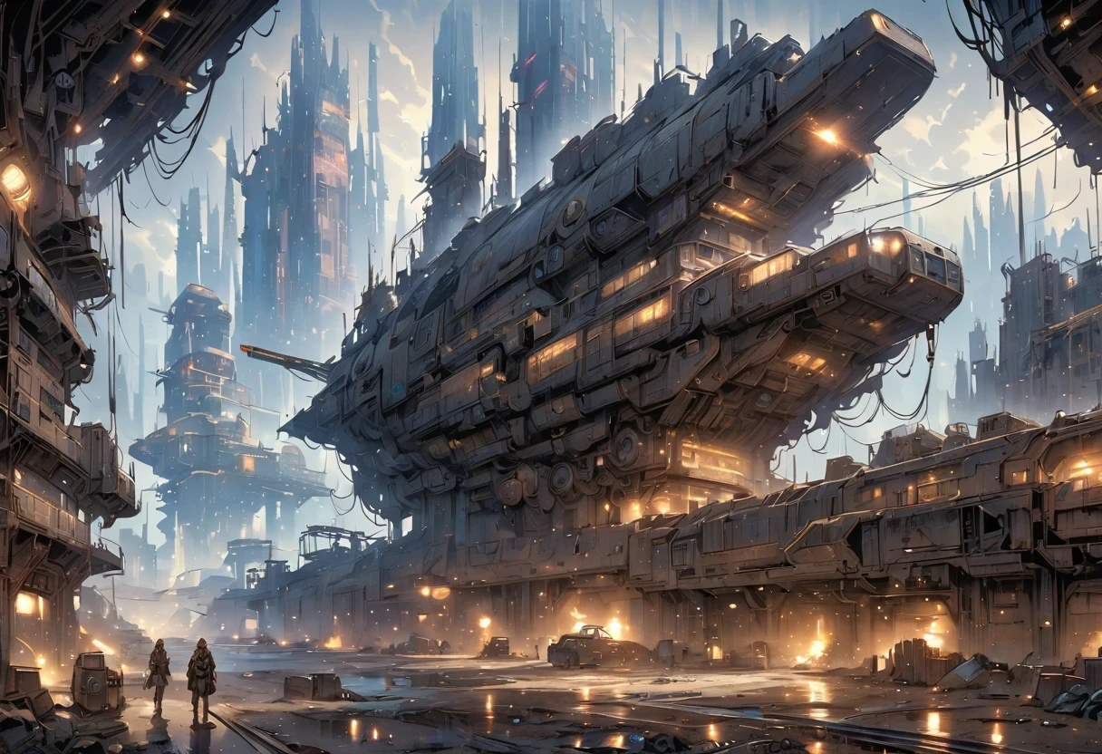 Future cyberpunk mechanical girl wearing a future gas mask and a dog,Travel through a destroyed futuristic city,Silver Mechanical Girl,Mechanical joints,There are many rusty structures in the air,Destroyed large radar,Abandoned space station base, scenic Dystopian environment, Dystopian environment, Industrial science fiction, Industrial science fiction, Industrial science fiction, Steampunk space station base background, Dystopian digital concept art, Steampunk city, post-apocalyptic factory, Steampunk ruins of the future, Industrial science fiction, Steampunk concept art, Dystopian alien landscape, In a steampunk cityscape, Dystopian Landscape