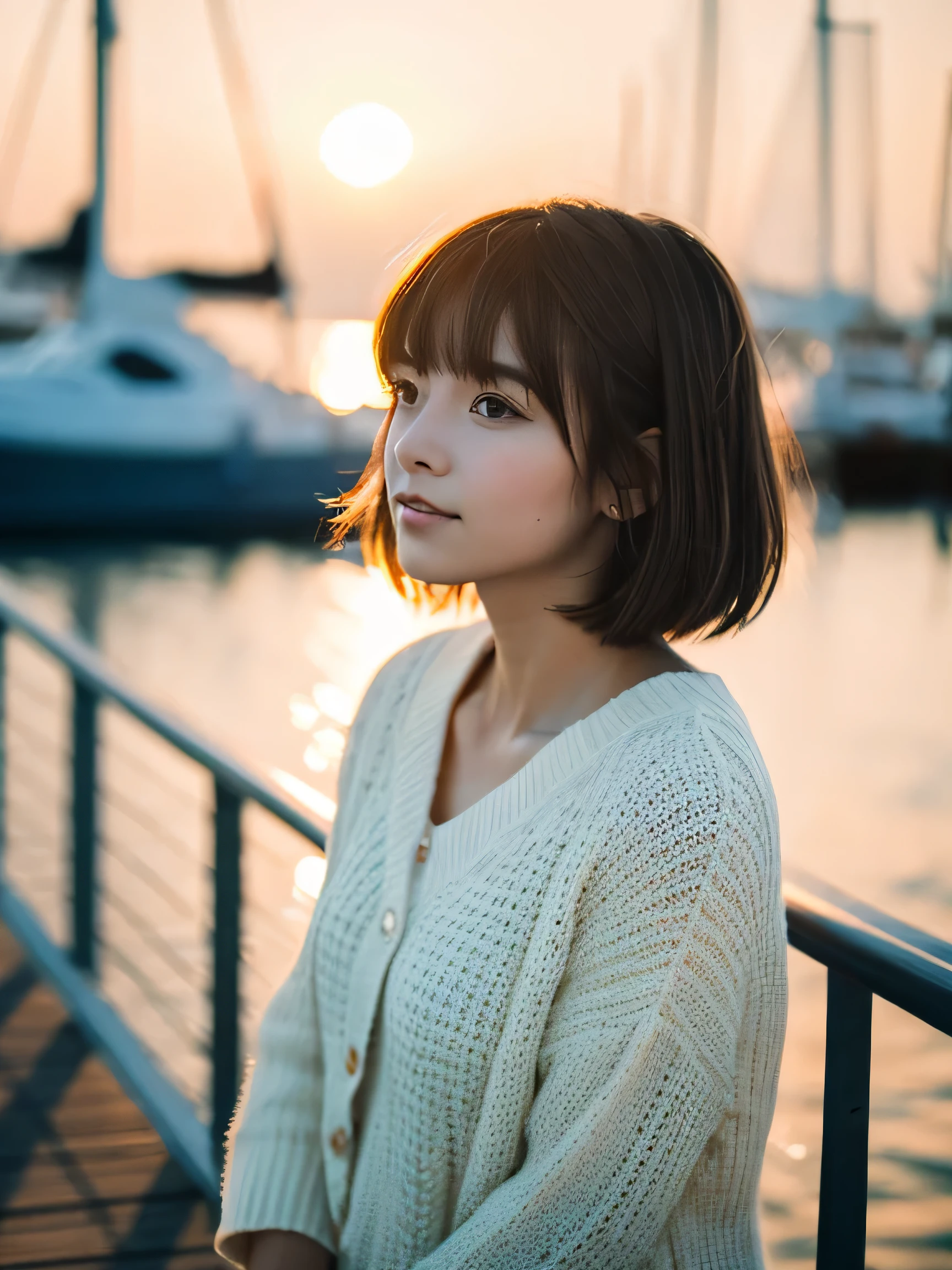masterpiece, highest quality, 8k, 1 girl, Yacht harbor at sunset, 18, Medium chest, Open your mouth a little, cute, alone, sad, Clothes that look good in autumn, cute, Girlish, Delicate girl, Pure beauty, RAW Photos, Professional photography, Portraiture, Soft Light, Professional Lighting, Backlight, Upper Body, Seeing the viewer, Sophisticated, Film Grain, (Eyes and facial details:1.0), Short hair swaying in the wind, Beautiful flowing brown hair, bangs